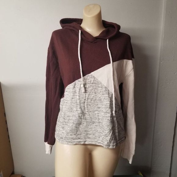 Cotton poly blend block color tie pullover hoodie sweatshirt color way brown gra - Picture 1 of 6